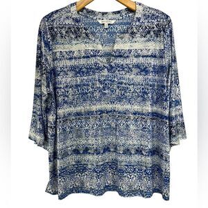 Emily Daniels Blue White Silver 3/4 Sleeve Blouse Womens 1X